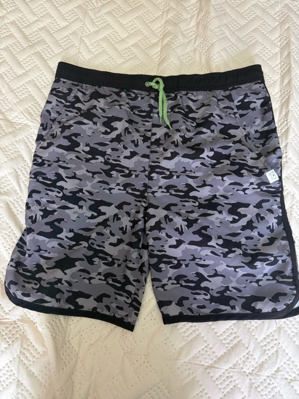 Men's Gray Camo Swim Trunks with Lime Drawcord